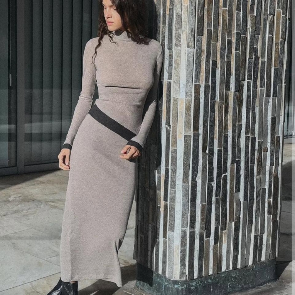 Women's Zara Long Sleeve Turtleneck Knit Dress in Taupe with Black Trim